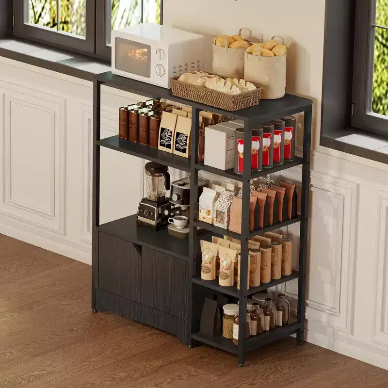 Scaffale da Cucina a 5 Livelli con Armadietto, Supporto Autoportante per Microonde e Stazione Caffè da 38,2 Pollici, Scaffale per Riporre Oggetti per Cucina, Soggiorno e Ufficio