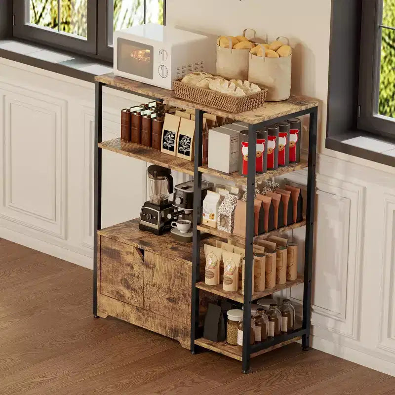 Scaffale da Cucina a 5 Livelli con Armadietto, Supporto Autoportante per Microonde e Stazione Caffè da 38,2 Pollici, Scaffale per Riporre Oggetti per Cucina, Soggiorno e Ufficio