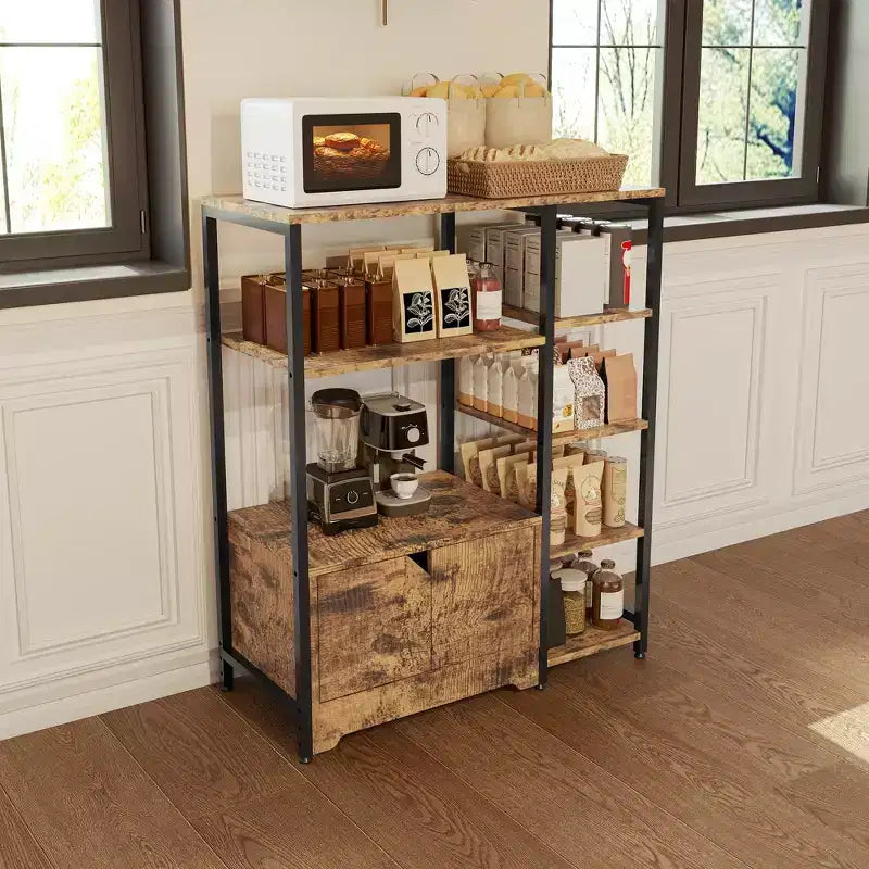 Scaffale da Cucina a 5 Livelli con Armadietto, Supporto Autoportante per Microonde e Stazione Caffè da 38,2 Pollici, Scaffale per Riporre Oggetti per Cucina, Soggiorno e Ufficio