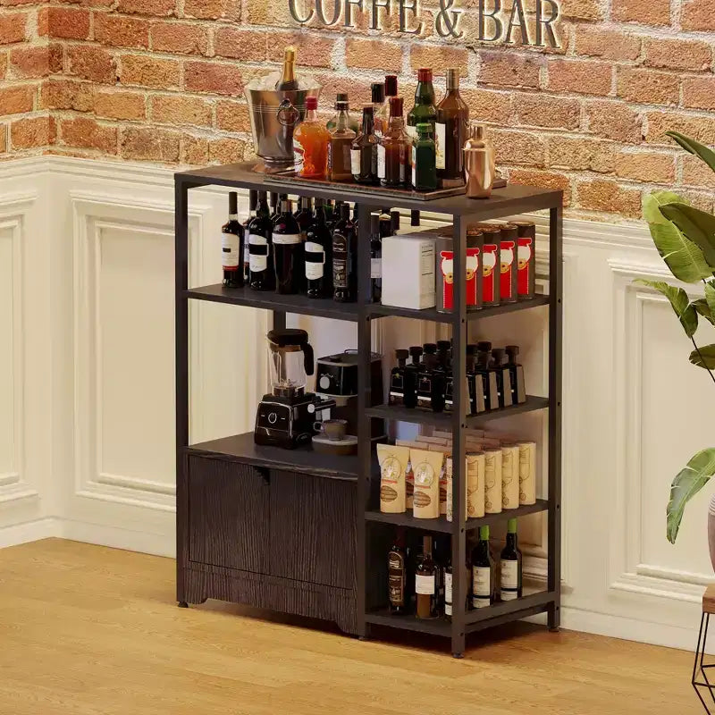 Scaffale da Cucina a 5 Livelli con Armadietto, Supporto Autoportante per Microonde e Stazione Caffè da 38,2 Pollici, Scaffale per Riporre Oggetti per Cucina, Soggiorno e Ufficio