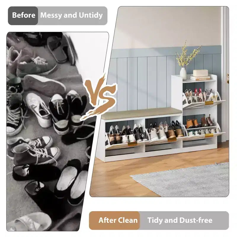 Scarpiera da Ingresso con Panchina, Mobile Contenitore in Legno, 4 Ante a Ribalta, per Ingresso, Soggiorno, Corridoio