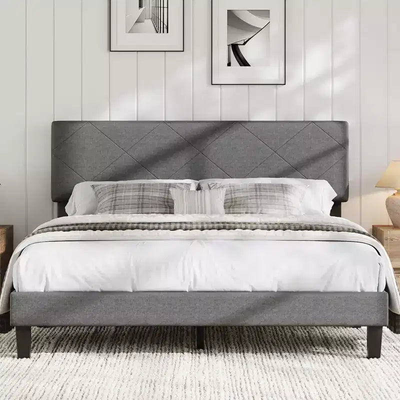 Bed Frame with Upholstered Headboard, Wooden Slats Support, Easy Assembly Mattress Foundation, No Box Spring Needed & Noise Free, Dark Grey