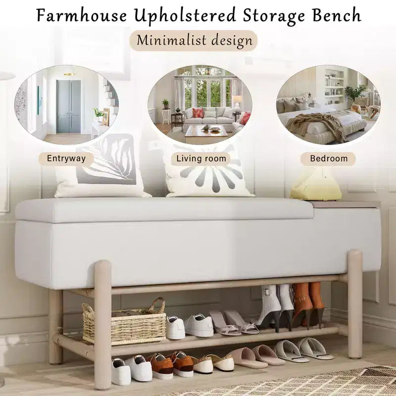 Panca contenitore imbottita stile rustico con scomparto segreto – Naturale