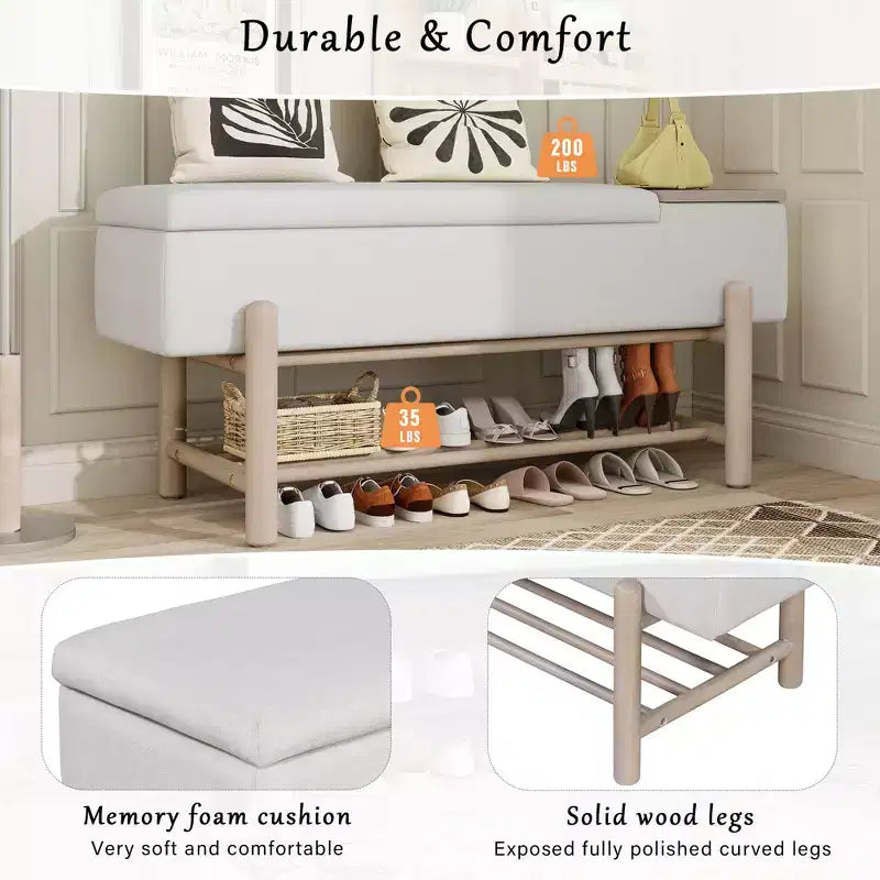 Panca contenitore imbottita stile rustico con scomparto segreto – Naturale